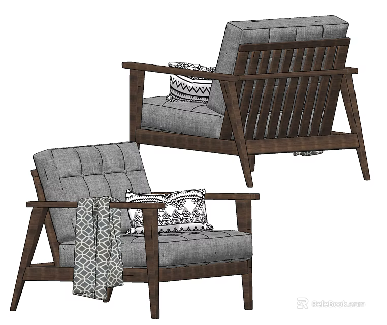 Stylish Single Sofa With Wooden Frame Gray Fabric Pillows And Throw Blanket 3d model 