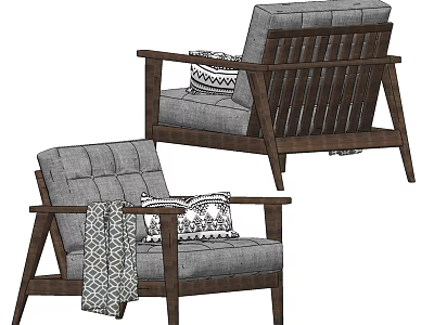 Stylish Single Sofa With Wooden Frame Gray Fabric Pillows And Throw Blanket 3d model