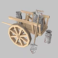 Rustic Wooden Cart With Metal Buckets And Shovel For Garden Tools