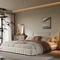 Modern Bedroom Interior With Cozy Bed Nightstand Decorative Art And Large Window Curtains