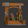 Wooden Work Desk With Tools Barrel Chalkboard Steps And Small Items On Platform 3d model