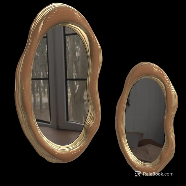 Two Irregularly Shaped Golden Mirrors in Modern Interior With Window Reflection 3d model 