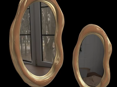 Two Irregularly Shaped Golden Mirrors in Modern Interior With Window Reflection 3d model