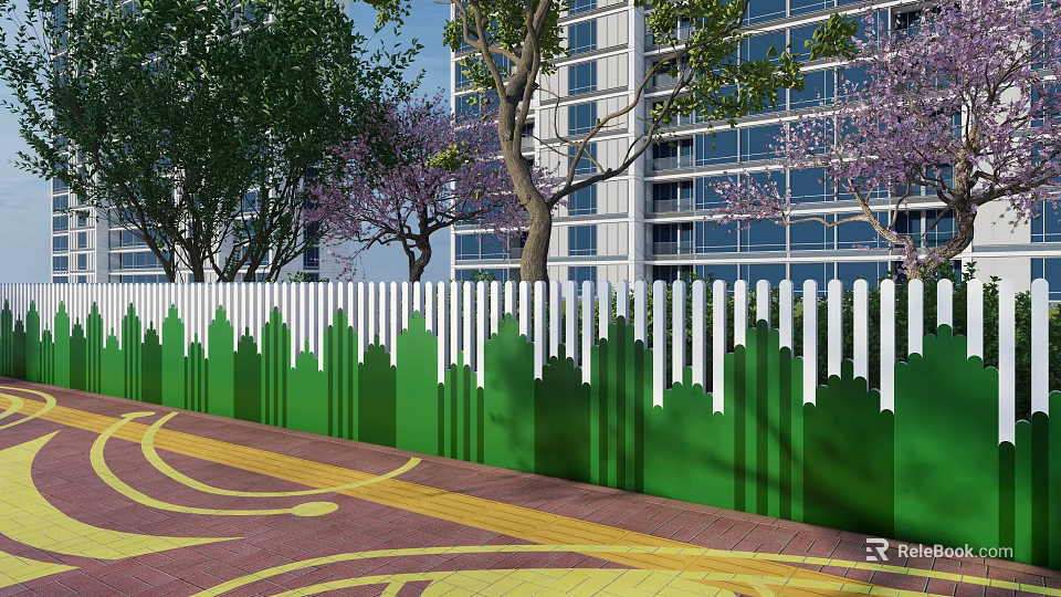 White And Green Fence With City Skyline Design Near Trees And Building On Paved Ground 3d model 
