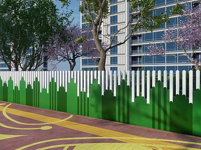 White And Green Fence With City Skyline Design Near Trees And Building On Paved Ground 3d model