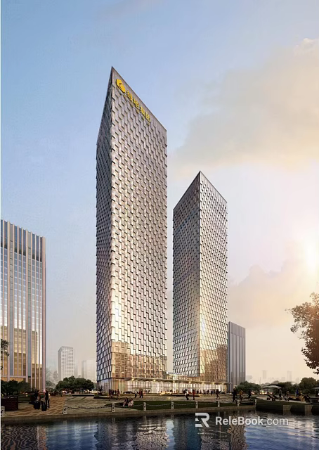 Modern tall skyscrapers with geometric facade in urban cityscape under sunlight 3d model 