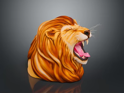 Roaring Lion Head Sculpture With Flowing Mane Orange Brown Fur Open Mouth Sharp Teeth 3d model