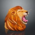 Roaring Lion Head Sculpture With Flowing Mane Orange Brown Fur Open Mouth Sharp Teeth