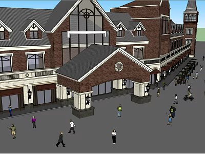 Red Brick Commercial Street With Clock Tower Arched Entrance And Pedestrian Activity 3d model