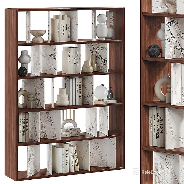 Contemporary Open Shelf Unit With Wooden Frame Marble Layers And Decorative Books Vases 3d model 