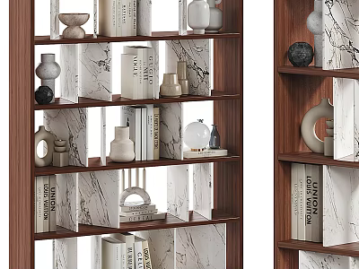 Contemporary Open Shelf Unit With Wooden Frame Marble Layers And Decorative Books Vases 3d model