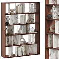 Contemporary Open Shelf Unit With Wooden Frame Marble Layers And Decorative Books Vases