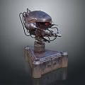 Mechanical Metallic Weapon With Vintage Industrial Base And Red Eye Structural Details