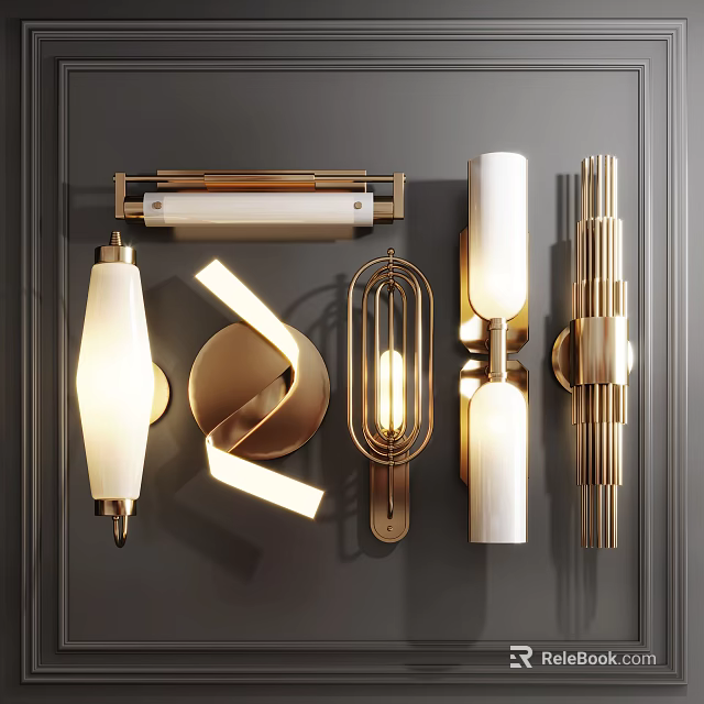 Modern Wall Sconces With Brass Accents And White Shades Illuminated On Dark Wall 3d model 