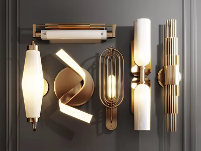 Modern Wall Sconces With Brass Accents And White Shades Illuminated On Dark Wall 3d model