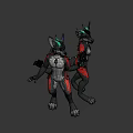 Cartoon Anthropomorphic Game Film Character with Gray Body Red Tail Green Ears and White Paws