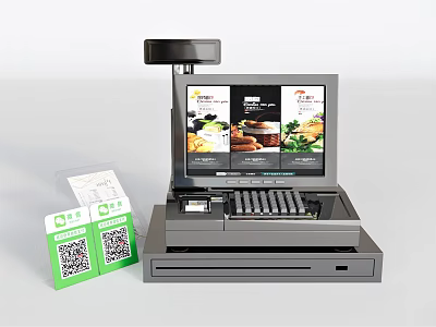 Commercial Cash Register With Display Screen Showing Product Images And QR Code Cards 3d model