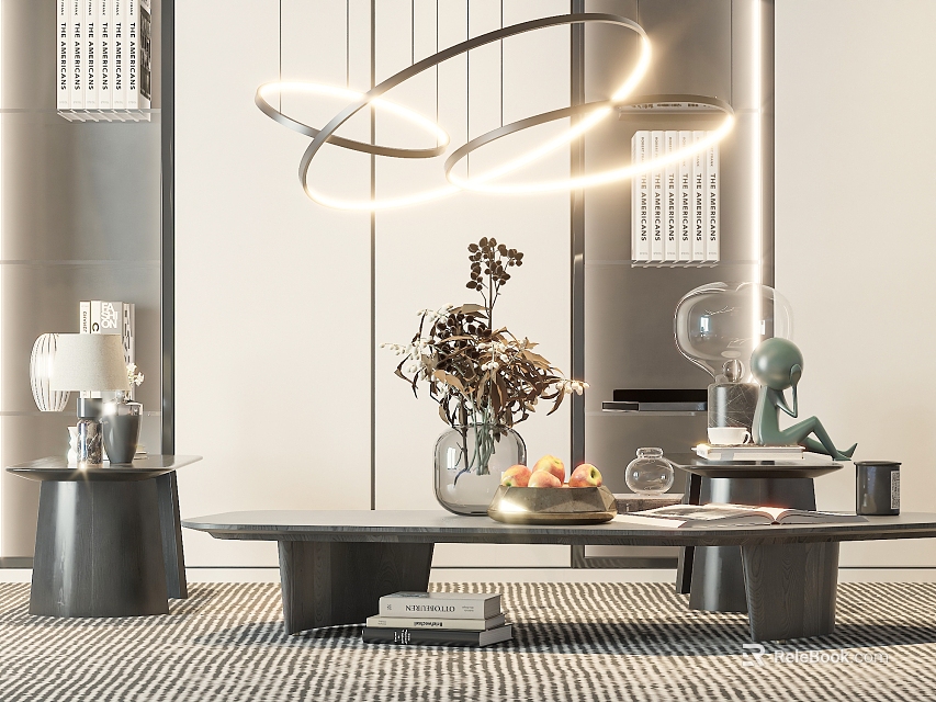 Modern Coffee Table With Dried Flowers Vase Fruits Small Decor And Chandelier On Rug 3d model 