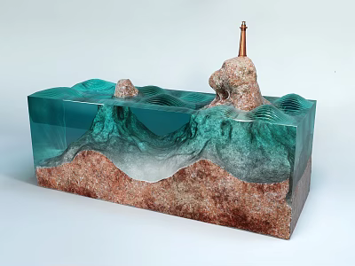 Artistic Decorative Ornament Set With Rock Texture Blue Transparent Resin Wave Design And Golden Spire 3d model