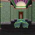 Intricate Column Sculptures Carved in Classic Interior with Green Patterned Walls and Marble Floor