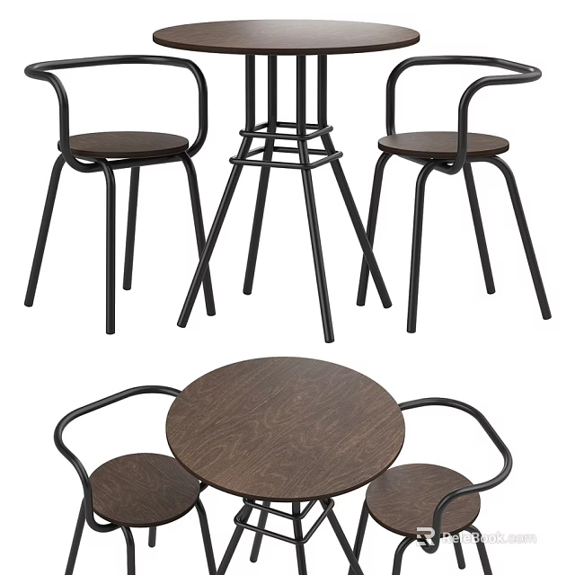 Modern Dining Table And Chair Set With Round Wooden Top And Metal Frame 3d model 