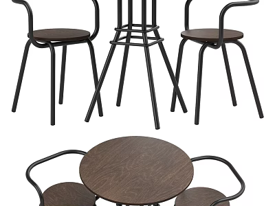 Modern Dining Table And Chair Set With Round Wooden Top And Metal Frame 3d model