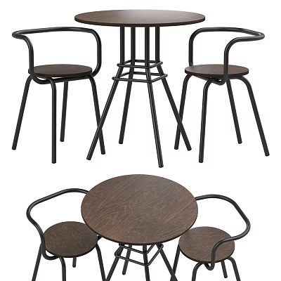 Modern Dining Table And Chair Set With Round Wooden Top And Metal Frame 3d model