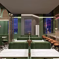 Stylish Restaurant With Green Booths Black White Geometric Tiles Bar Pink Neon And Wall Art