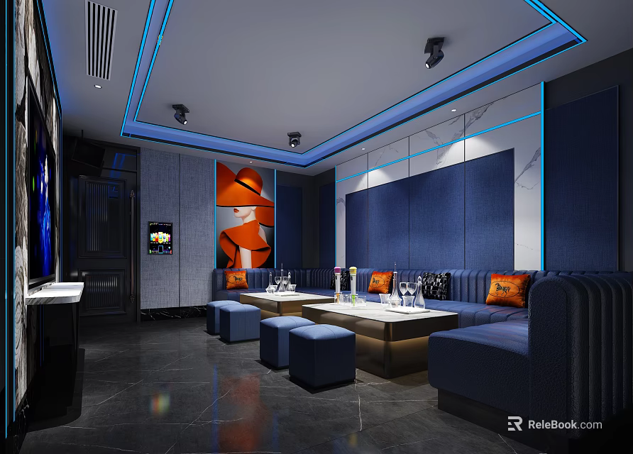 Modern KTV Interior With Blue Sofas Orange Cushions And Marble Tables 3d model 