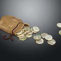 Shiny Gold Jewelry Pieces Scattered From Brown Leather Pouch On Dark Background 3d model