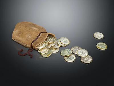 Shiny Gold Jewelry Pieces Scattered From Brown Leather Pouch On Dark Background 3d model