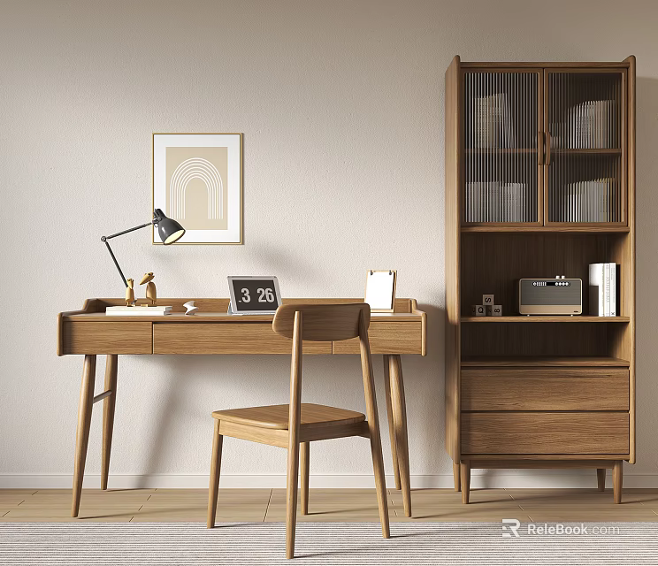Cozy Wooden Desk Setup With Table Lamp Clock Picture Frame Radio And Bookshelf 3d model 