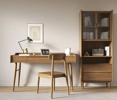 Cozy Wooden Desk Setup With Table Lamp Clock Picture Frame Radio And Bookshelf 3d model