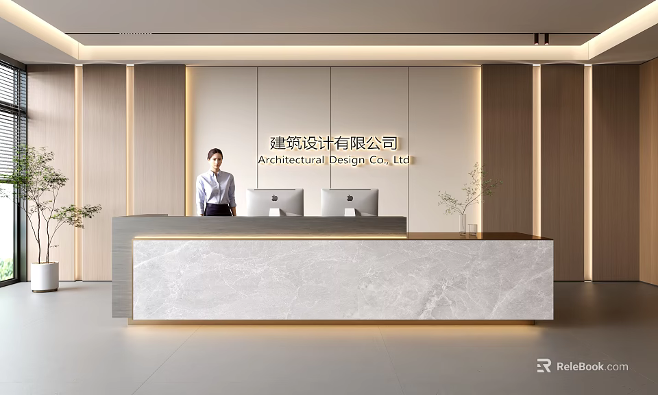 Modern Architectural Firm Reception Area With Marble Countertop Professional Woman Wooden Paneling And Green Plants 3d model 