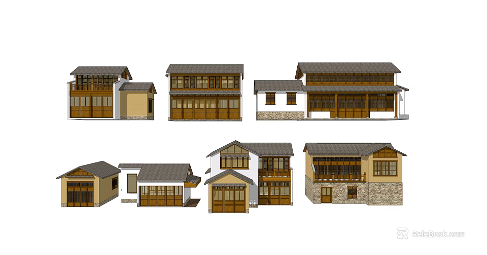 Traditional Chinese Style Houses With Wooden Structures Sloped Roofs And Different Facades 3d model 