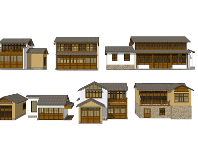 Traditional Chinese Style Houses With Wooden Structures Sloped Roofs And Different Facades 3d model