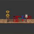 Children's Playground Sandpit Area With Wooden Bench Colorful Rings Black Tires And Climbing Structures