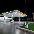 Modern Gas Station With Green Roof Fuel Pumps And Convenience Store