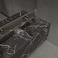 Modern Bathroom With Dark Marble Walls Black Freestanding Bathtub And Window Blinds