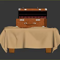 Double Bed With Beige Bed Sheet And Open Orange Suitcase On Top With Wooden Legs