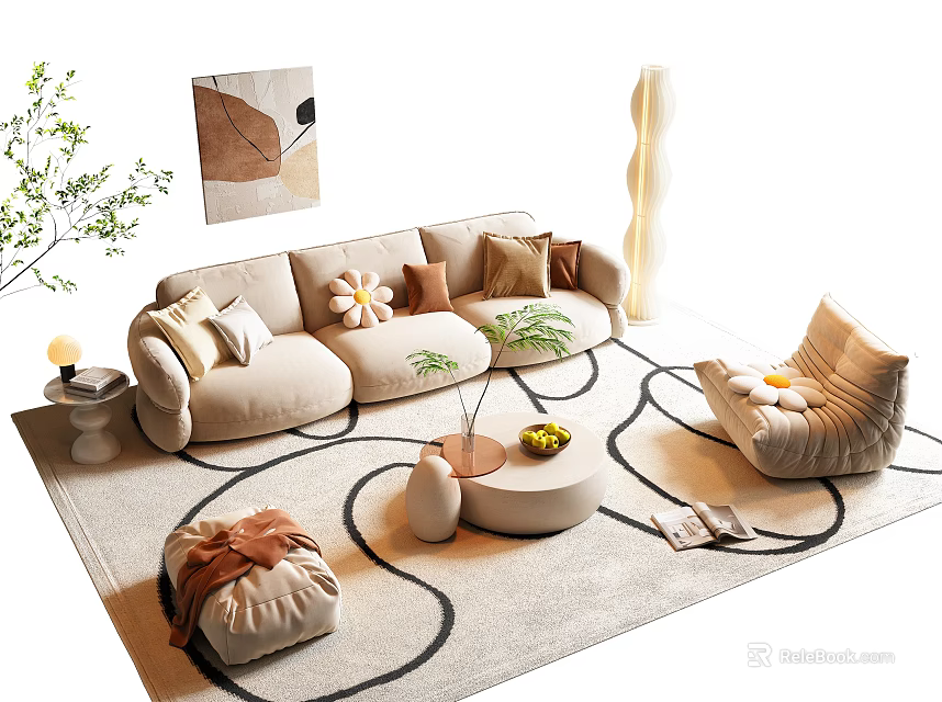 Elegant Beige Sofa And Coffee Table Set With Decorative Cushions Round Rug And Potted Plants 3d model 
