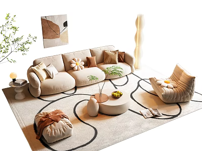Elegant Beige Sofa And Coffee Table Set With Decorative Cushions Round Rug And Potted Plants 3d model