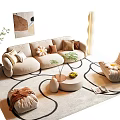 Elegant Beige Sofa And Coffee Table Set With Decorative Cushions Round Rug And Potted Plants
