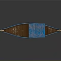 Traditional Wooden Boat With Blue Roof Small Cabin Red Flag And Yellow Trim