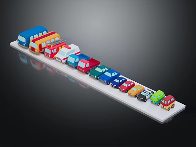 Colorful Toy Cars Collection With Various Vehicle Types Arranged On White Platform 3d model