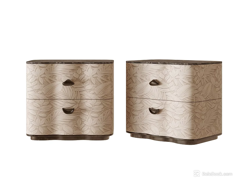 Elegant Pair Of Leaf Embossed Two Drawer Bedside Nightstands For Cozy Modern Bedroom Storage Decor 3d model 