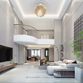 Contemporary Duplex Living Room Design With Staircase Sofa And Chandelier Display Cabinet