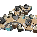 Curved Office Desks Layout with Multiple Computer Monitors and Colorful Ergonomic Chairs 3d model