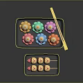 Colorful Cartoon Shaped and Brown Round Food Skewers on Black Trays