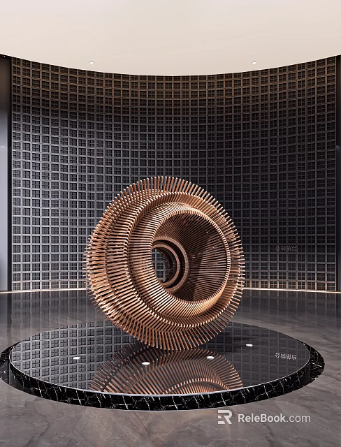 Copper Colored Spiral Sculpture with Metal Strips and Circular Hollow Center in Exhibition Hall 3d model 